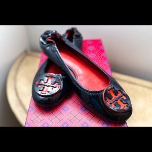 Tory Burch Patent Leather Reva Navy Red Flats